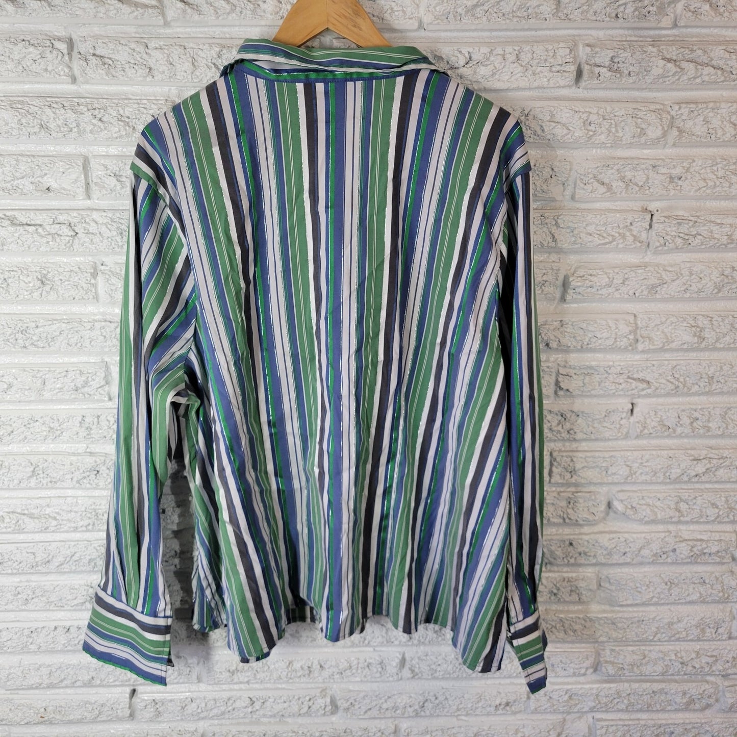 Cato Womens Top 26W 28W Plus Green Stripe Collar Lightweight Metallic Thread