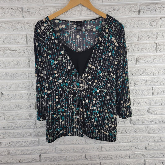 Bay Studio Women's Top 2X Plus Black Blue Circle Geometric V-Neck Stretch