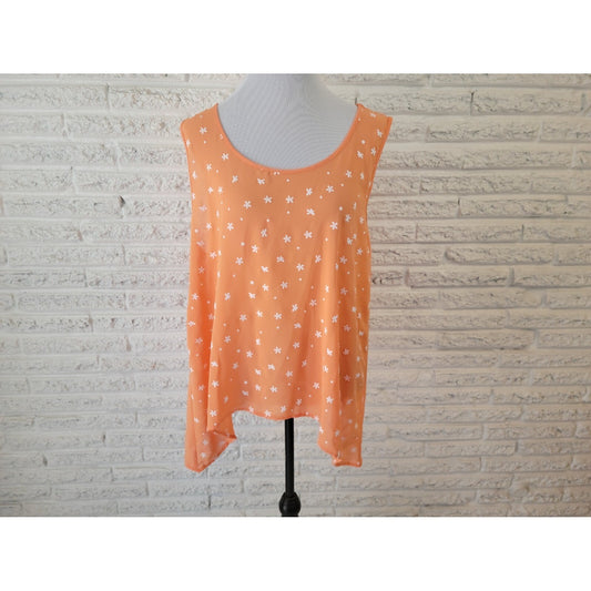 Mine Too Womens Top 3XL Plus Tank Orange Floral Asymmetric Deco Buttons Sheer