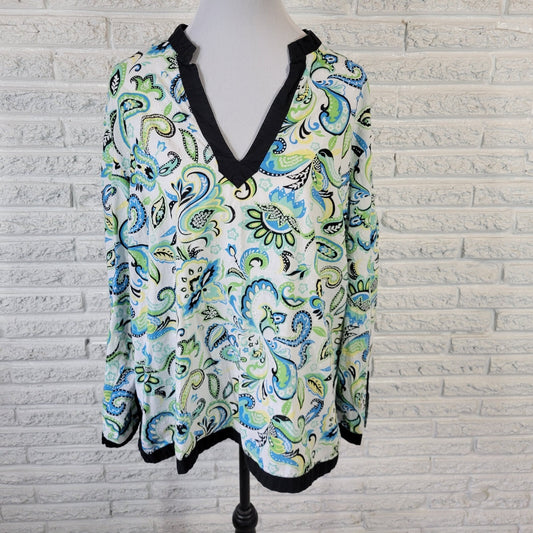 Charter Club Womens Top 20W Plus Long Sleeve Blue Paisley Swiss Dot Lightweight