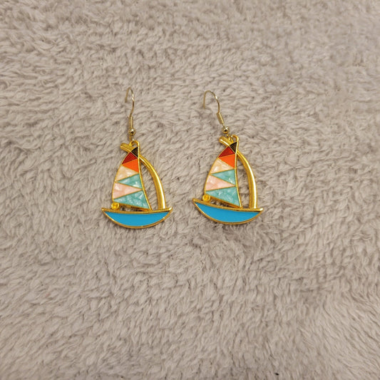 Sailboat Earrings One Pair Gold Tone Dangle Fish Hook Hanging Novelty