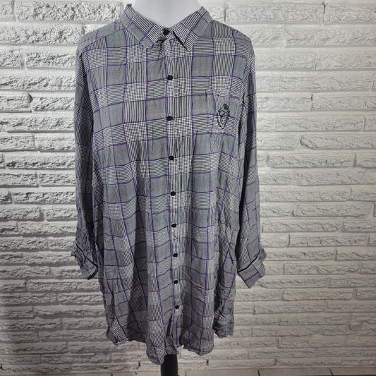 Chaps Womens Top XXL Black Plaid Houndstooth Rayon Collar Casual Button Up