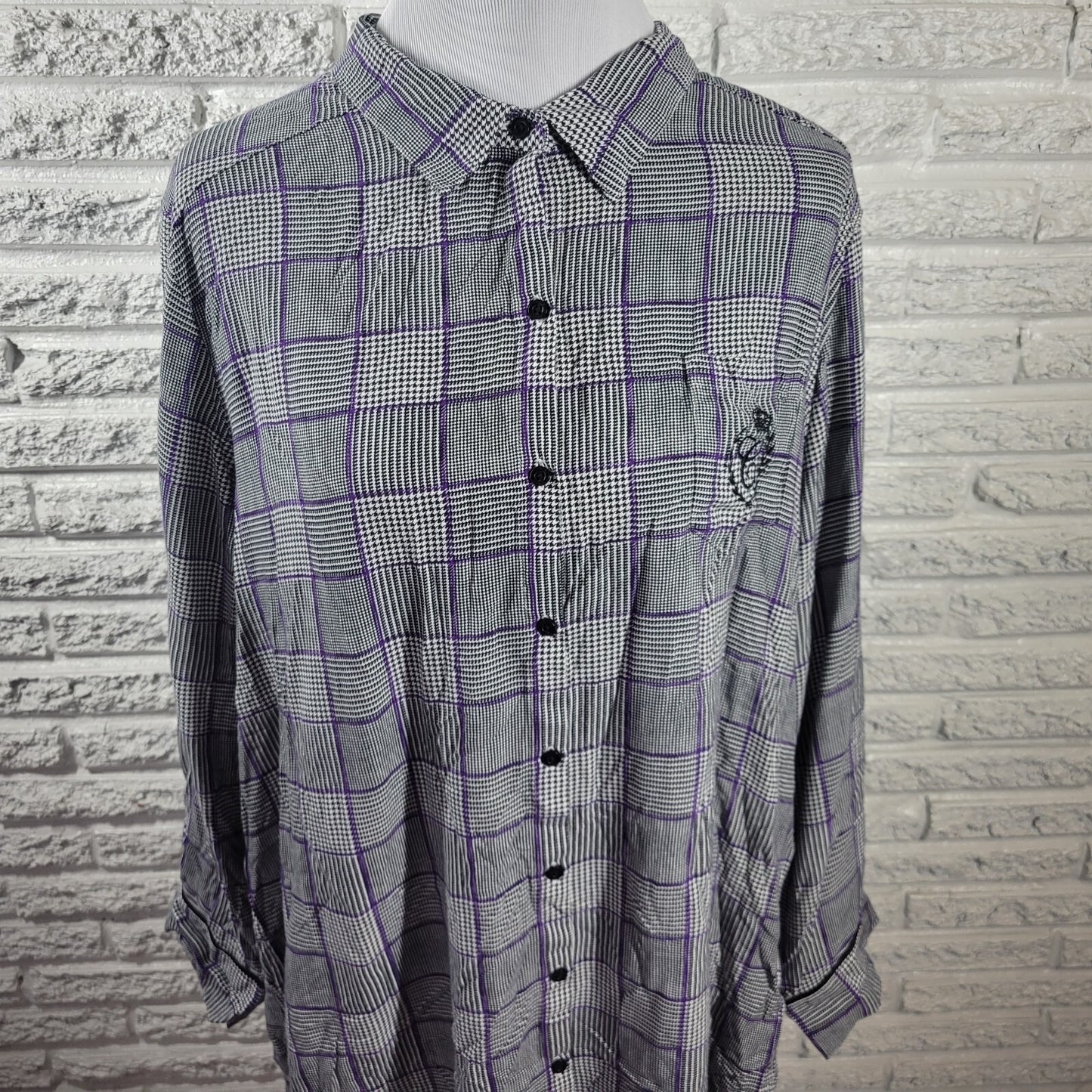 Chaps Womens Top XXL Black Plaid Houndstooth Rayon Collar Casual Button Up