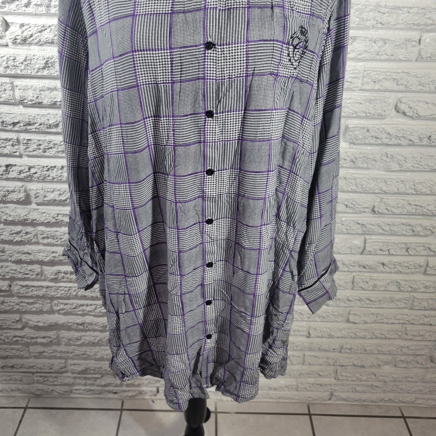 Chaps Womens Top XXL Black Plaid Houndstooth Rayon Collar Casual Button Up