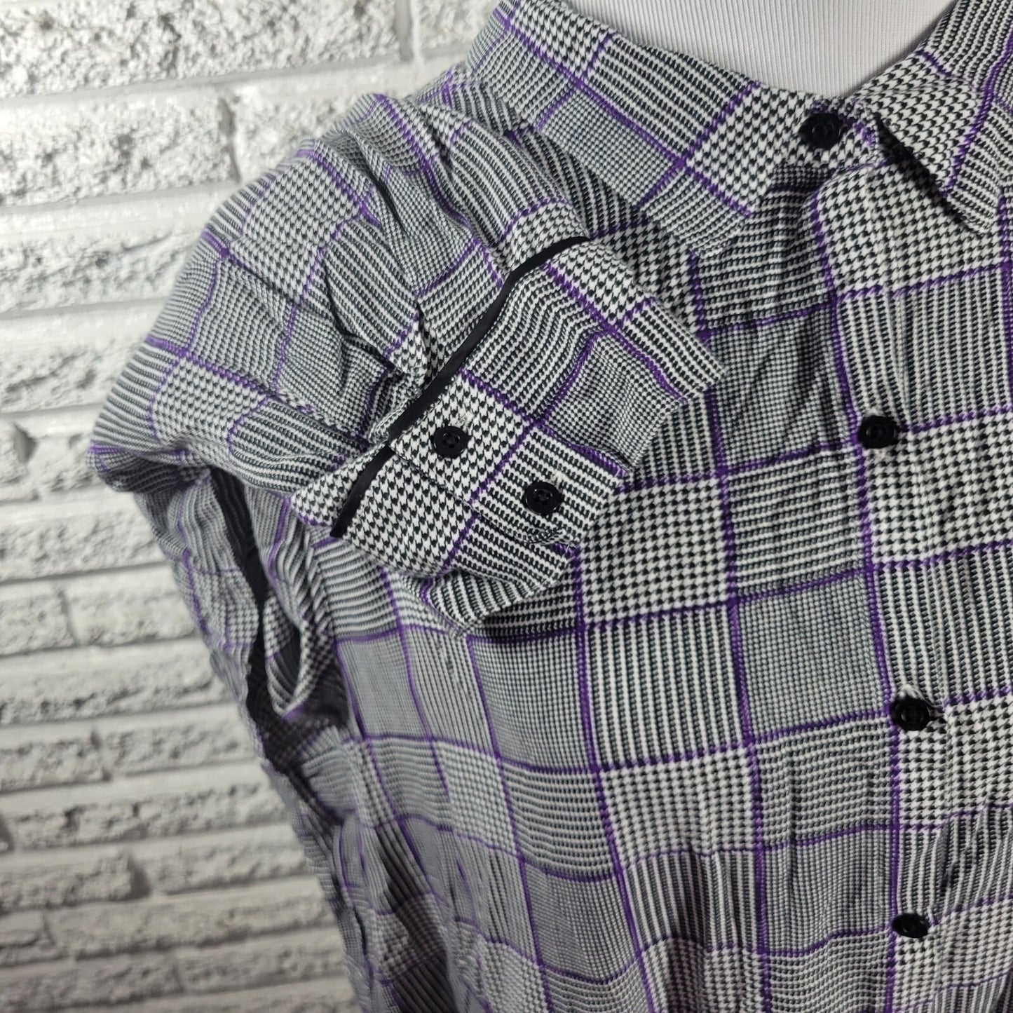 Chaps Womens Top XXL Black Plaid Houndstooth Rayon Collar Casual Button Up