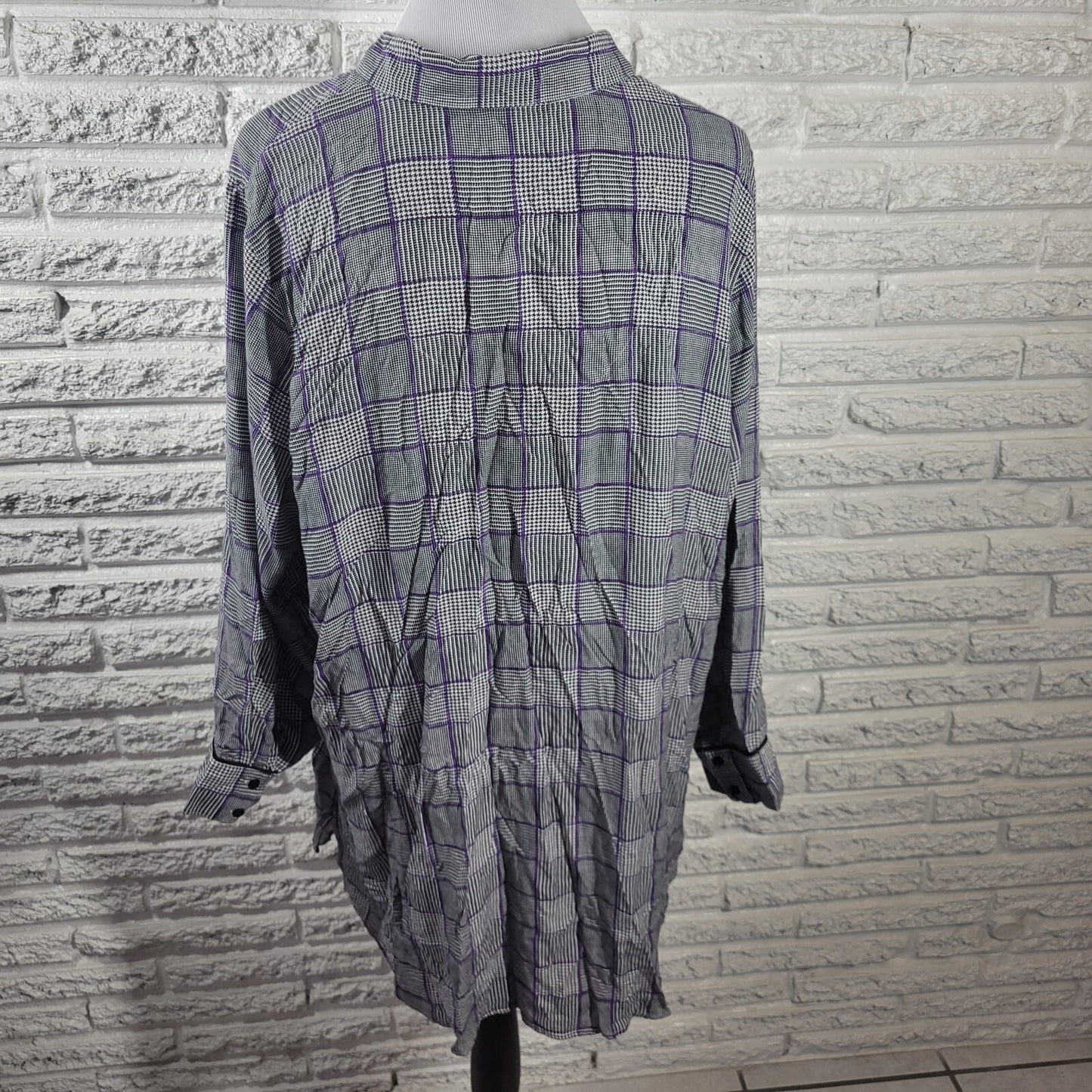 Chaps Womens Top XXL Black Plaid Houndstooth Rayon Collar Casual Button Up