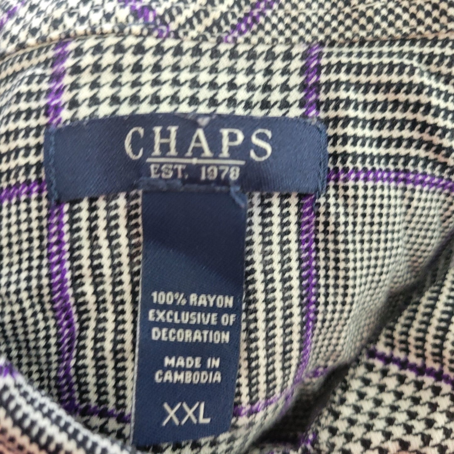 Chaps Womens Top XXL Black Plaid Houndstooth Rayon Collar Casual Button Up