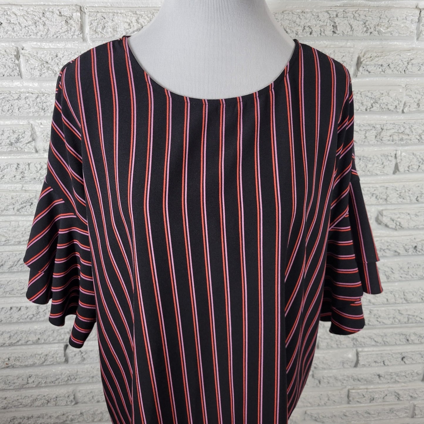 Worthington Womens Top 1X Plus Double Bell Sleeve Black Stripe Back Keyhole