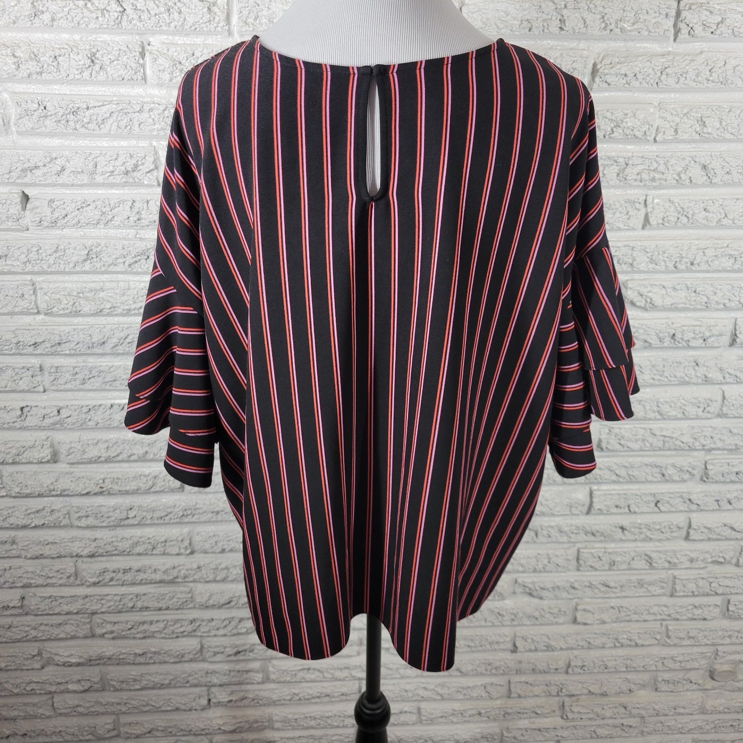 Worthington Womens Top 1X Plus Double Bell Sleeve Black Stripe Back Keyhole