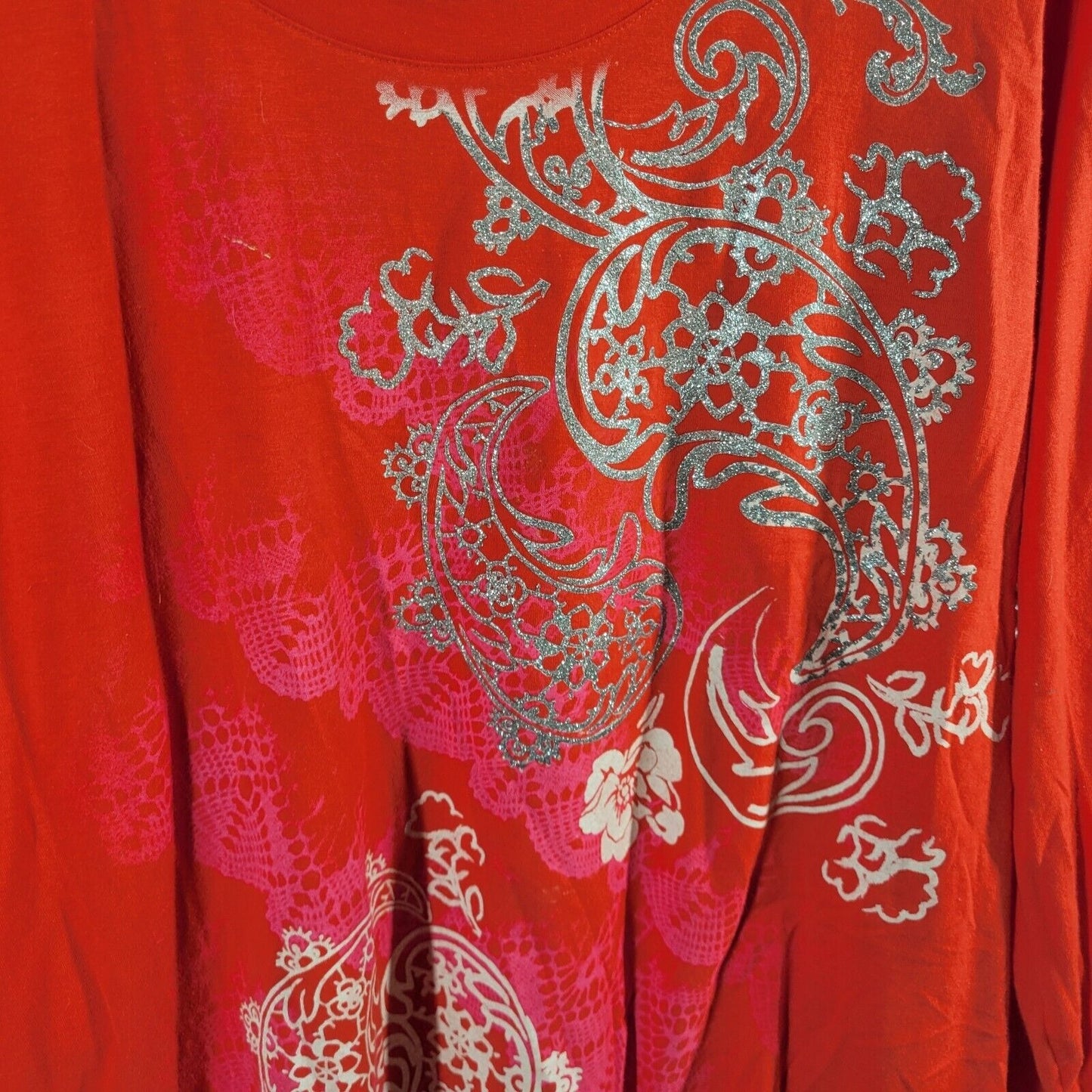 Just My Size Womens Top 2X 18W 20W Tee Long Sleeve Red Floral Paisley Glitter