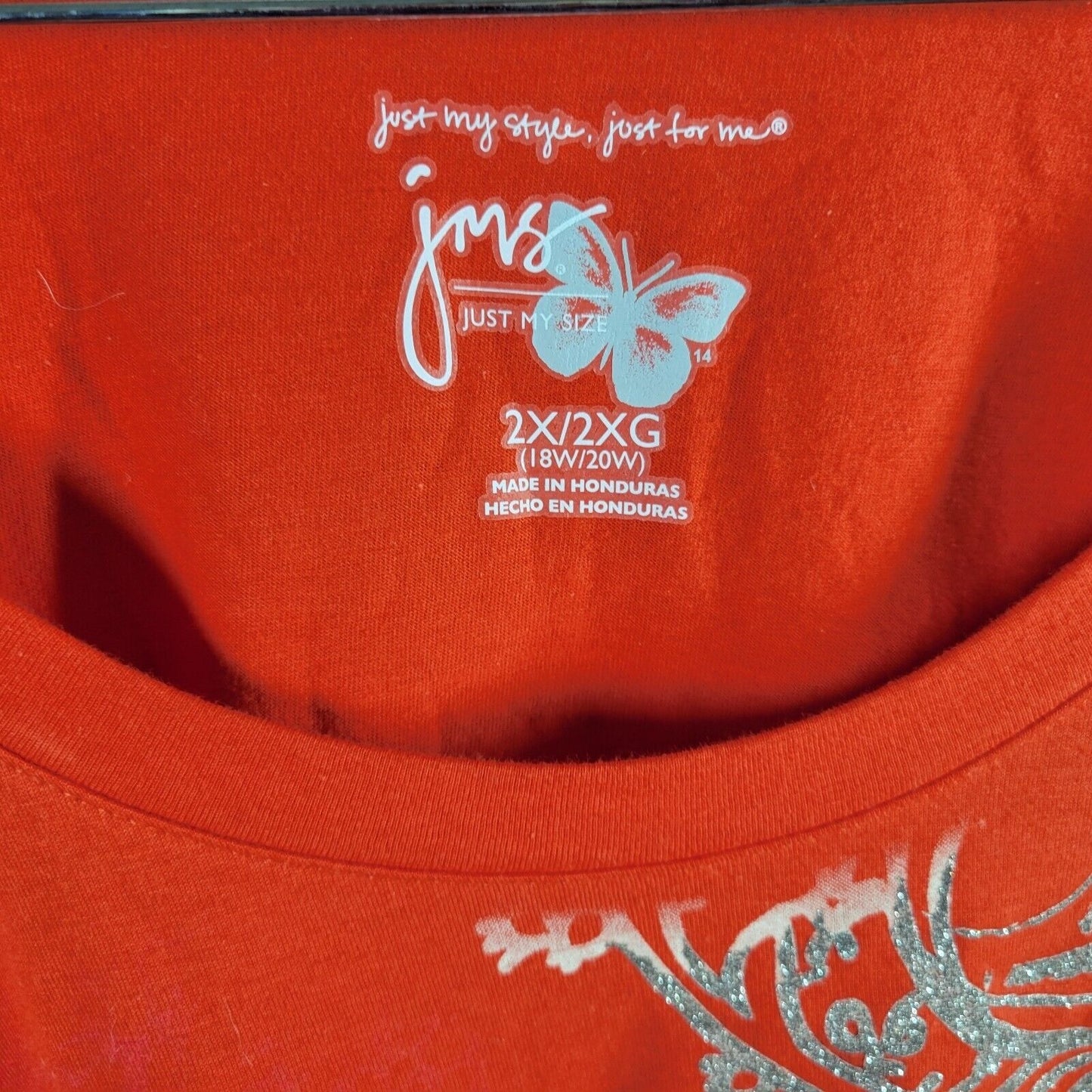 Just My Size Womens Top 2X 18W 20W Tee Long Sleeve Red Floral Paisley Glitter