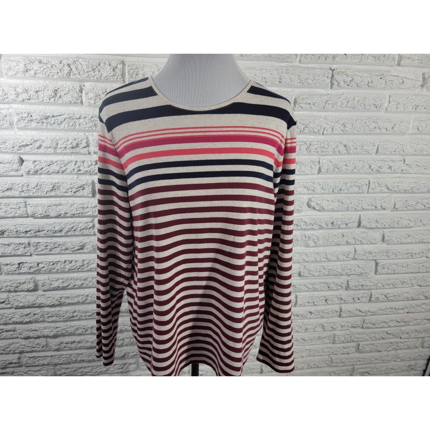 Croft Barrow Womens Top XXL Plus Tee Classic Brown Stripe Long Sleeve Casual