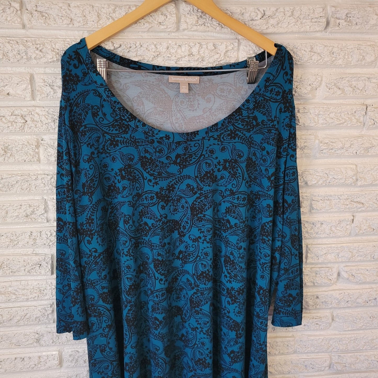 Woman Within Womens Top 3X Tunic 3/4 Sleeve Blue PaisleyPoly Blend Asymmetric
