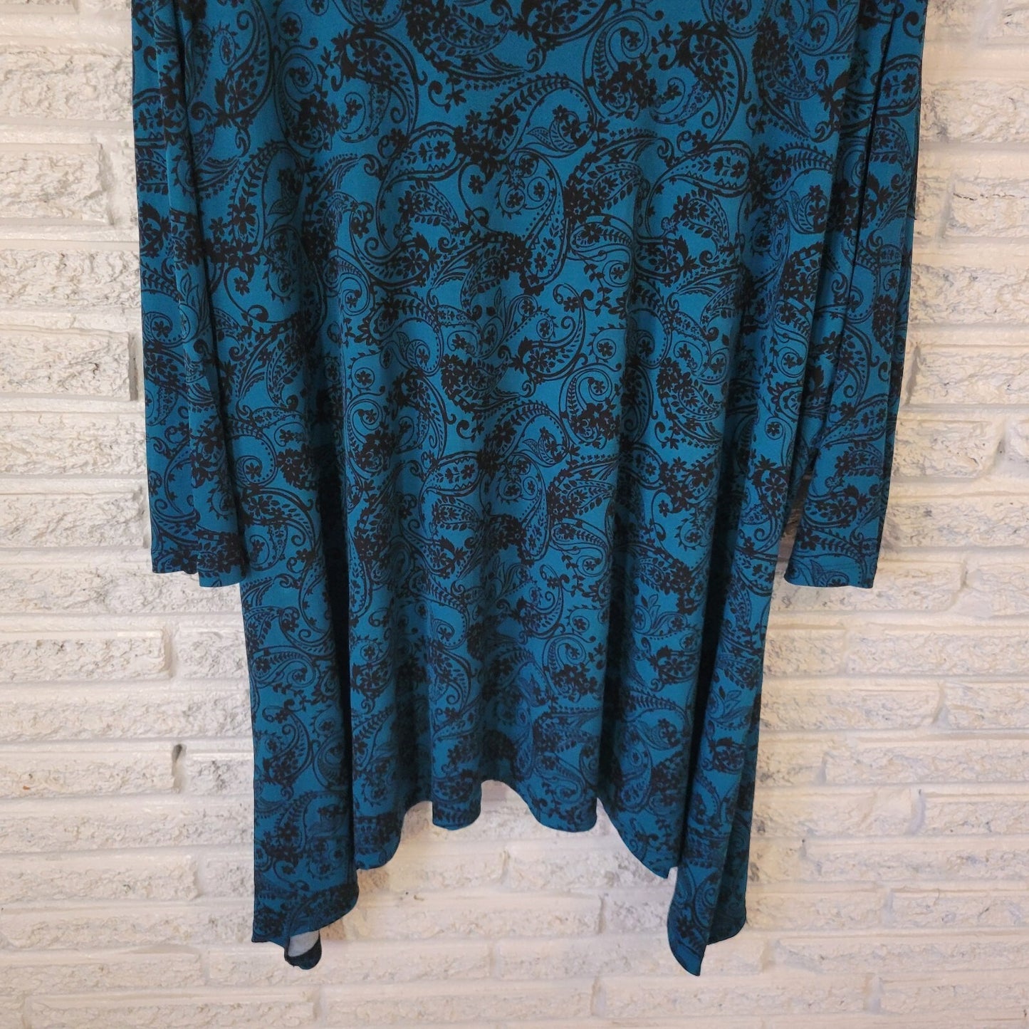 Woman Within Womens Top 3X Tunic 3/4 Sleeve Blue PaisleyPoly Blend Asymmetric