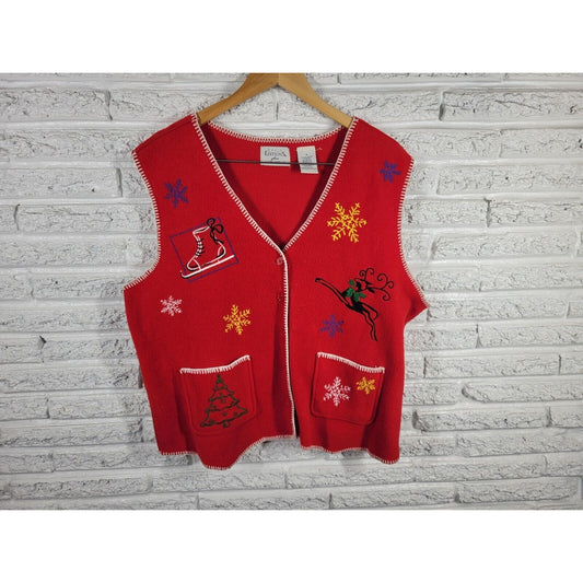 Christmas Basic Editions Womens Top 1X Vest Fleece Red Button Embroidered Casual