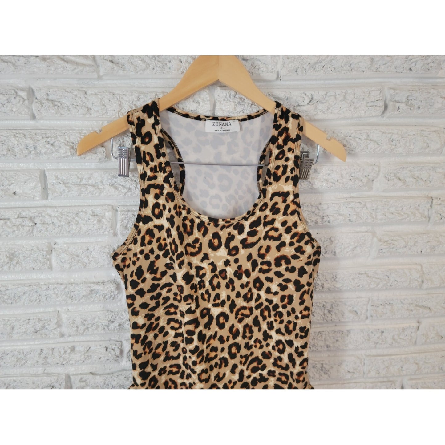 Zenana Womens Bodysuit XL Sleeveless Tan Animal Print Racerback Comfy Poly Blend