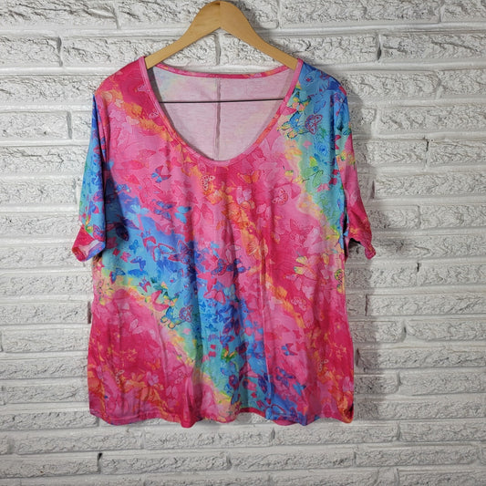 Butterflies Watercolor Womens Top 4XL Plus Tee Artsy Short Sleeve Pink Polyester