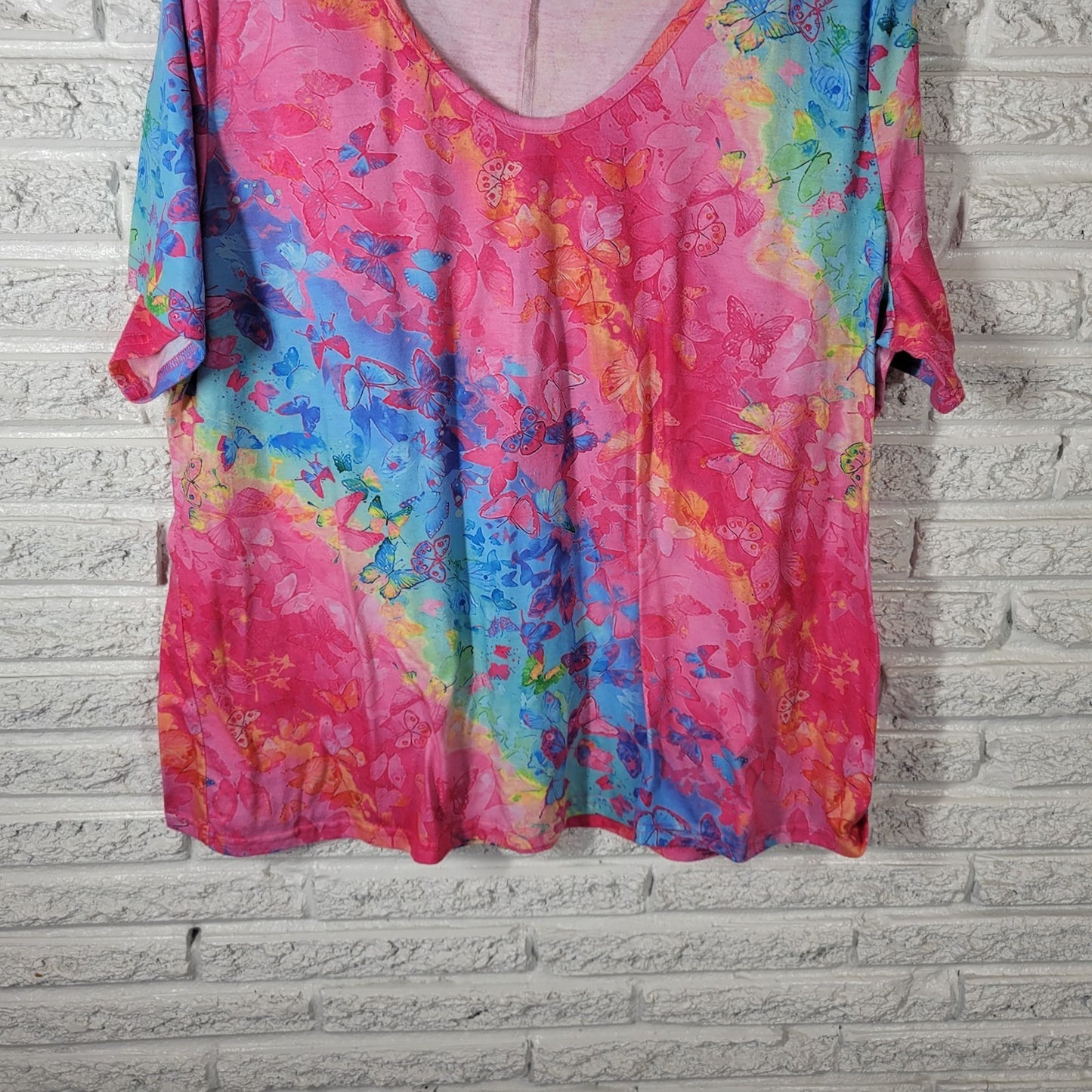 Butterflies Watercolor Womens Top 4XL Plus Tee Artsy Short Sleeve Pink Polyester