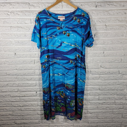Coral Bay Womens Dress XL Blue Ocean Marine Life Keyhole Beaded Cotton Casual