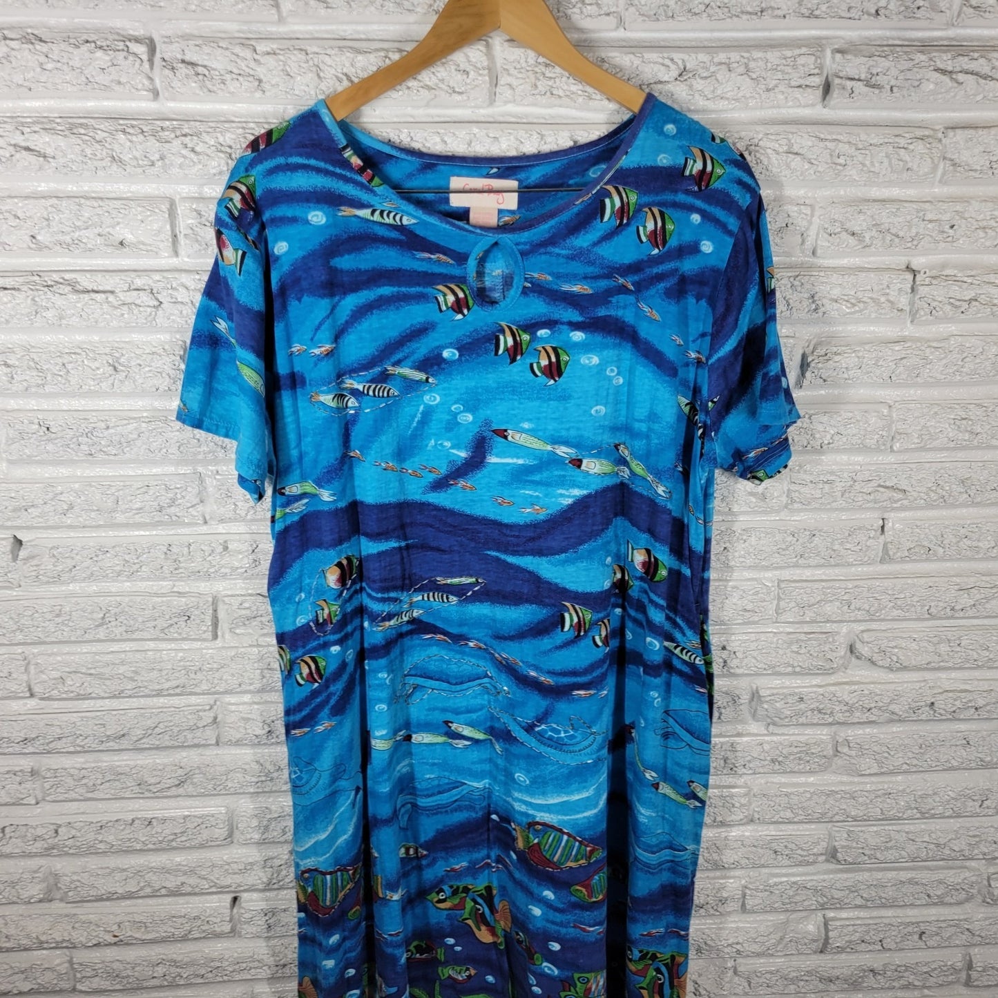 Coral Bay Womens Dress XL Blue Ocean Marine Life Keyhole Beaded Cotton Casual