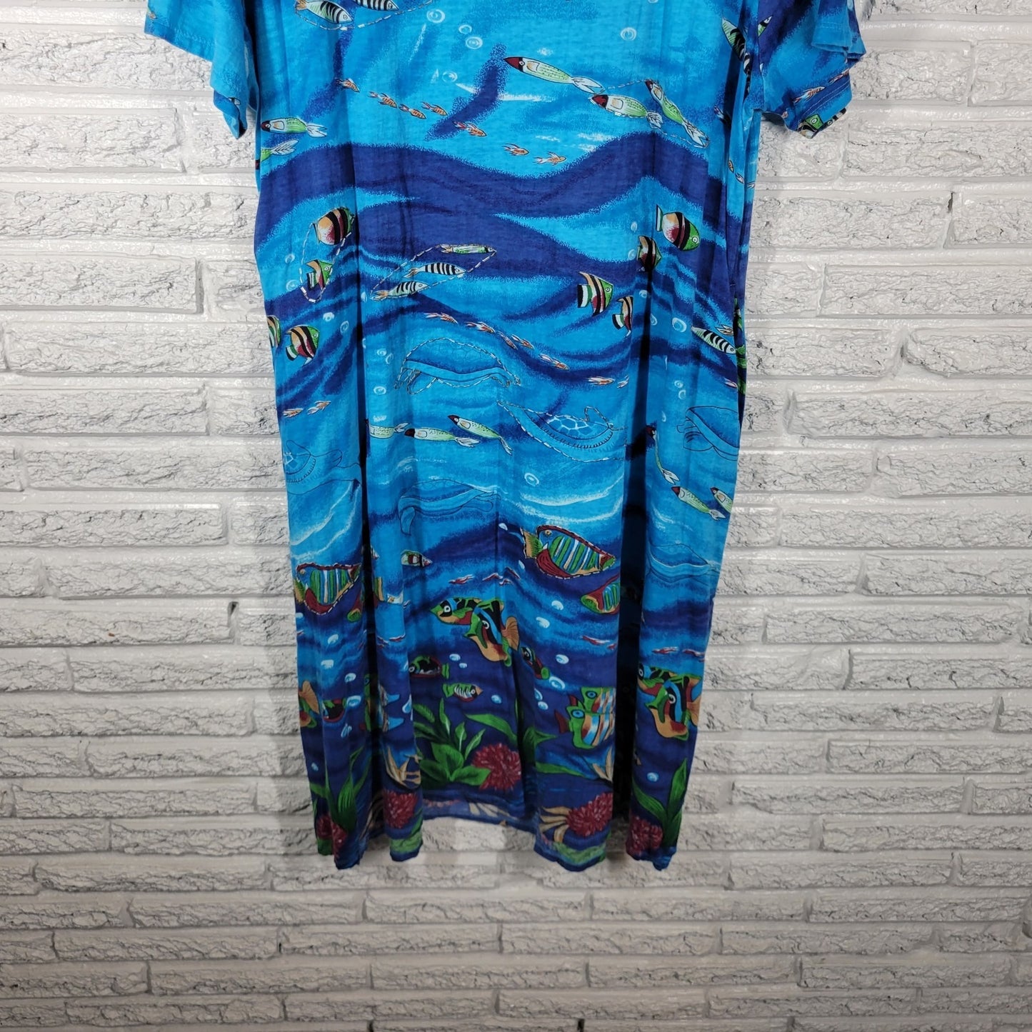 Coral Bay Womens Dress XL Blue Ocean Marine Life Keyhole Beaded Cotton Casual