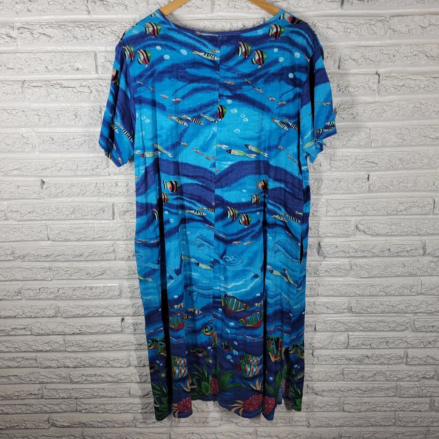 Coral Bay Womens Dress XL Blue Ocean Marine Life Keyhole Beaded Cotton Casual