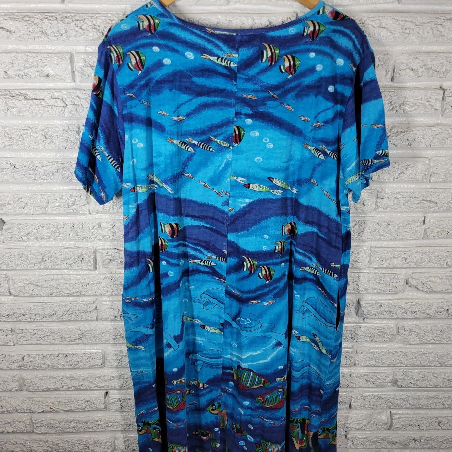 Coral Bay Womens Dress XL Blue Ocean Marine Life Keyhole Beaded Cotton Casual