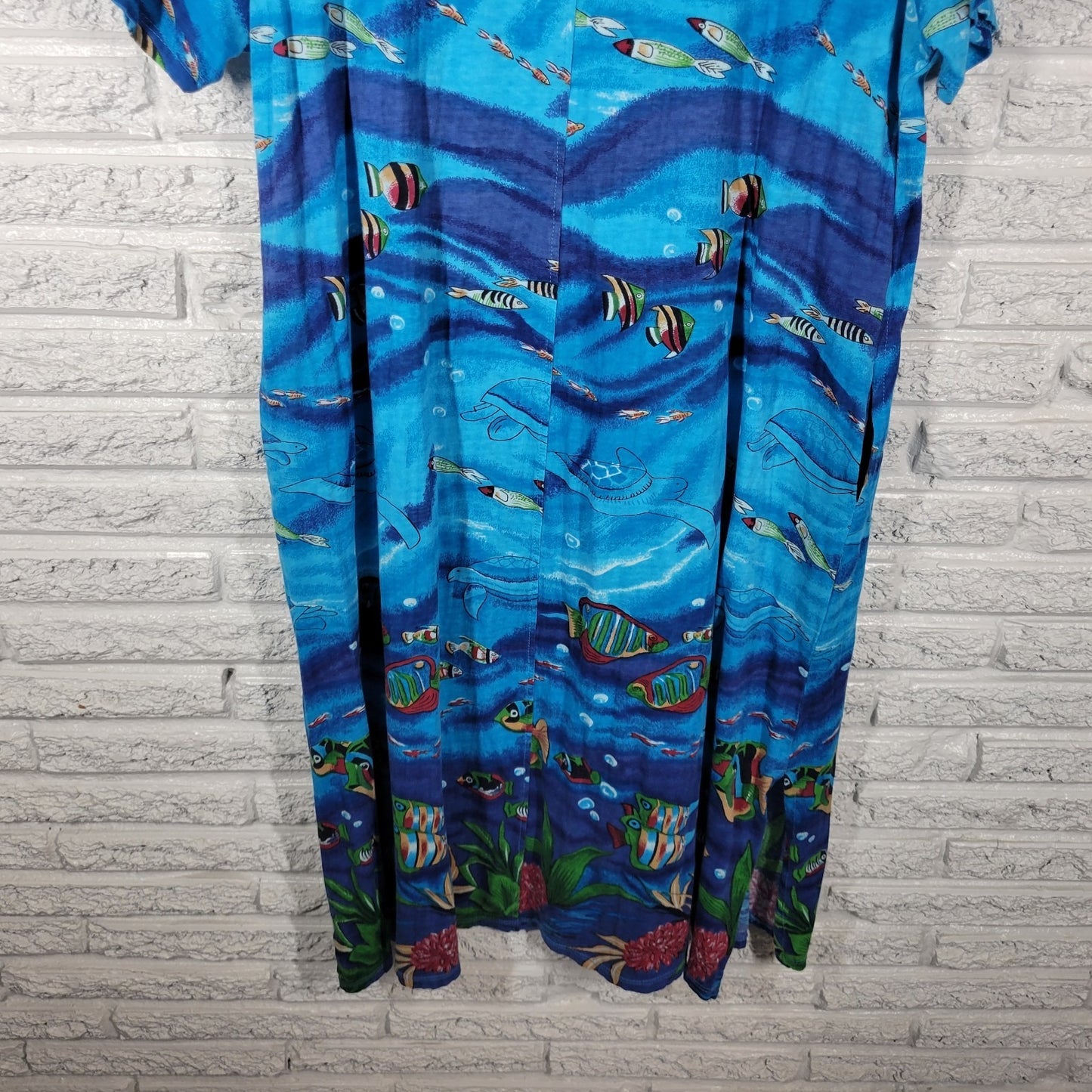 Coral Bay Womens Dress XL Blue Ocean Marine Life Keyhole Beaded Cotton Casual