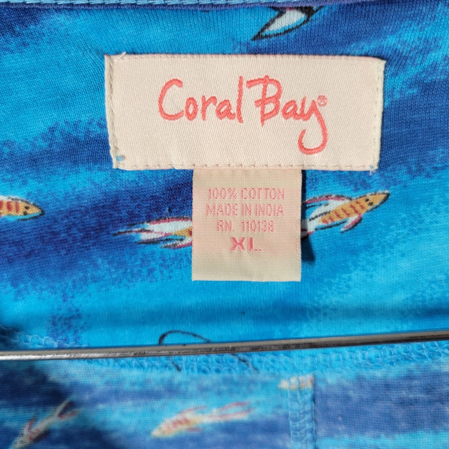 Coral Bay Womens Dress XL Blue Ocean Marine Life Keyhole Beaded Cotton Casual