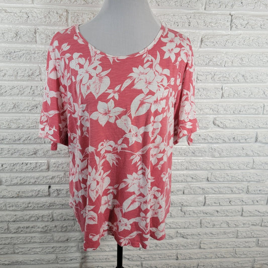 Liz Claiborne Womens Top 1X Plus Tee Short Tied Sleeves Pink Floral Lightweight