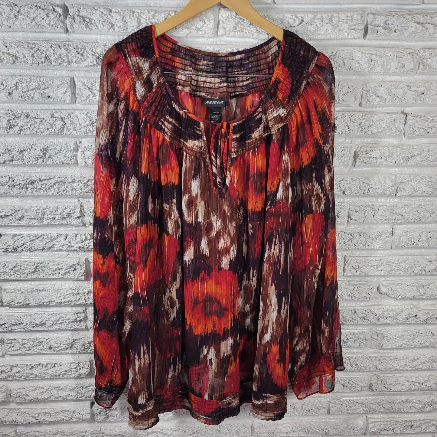 Lane Bryant Womens Top 26 28 Plus Tunic Red Watercolor Sheer Keyhole Metallic