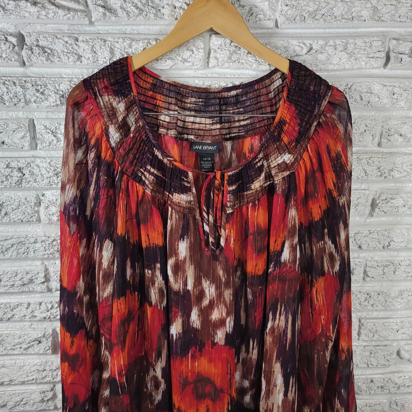 Lane Bryant Womens Top 26 28 Plus Tunic Red Watercolor Sheer Keyhole Metallic