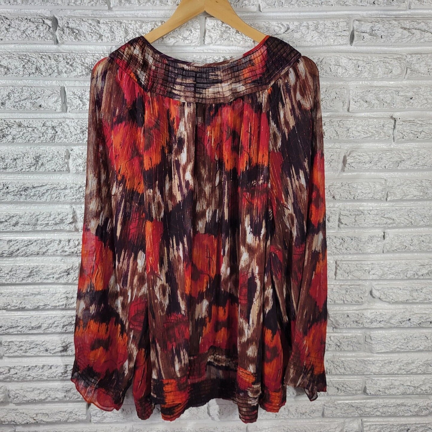 Lane Bryant Womens Top 26 28 Plus Tunic Red Watercolor Sheer Keyhole Metallic