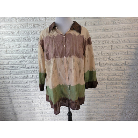 Quizz Bazaar Womens Top 22W 3/4 Sleeve Watercolor with Green Camisole Casual