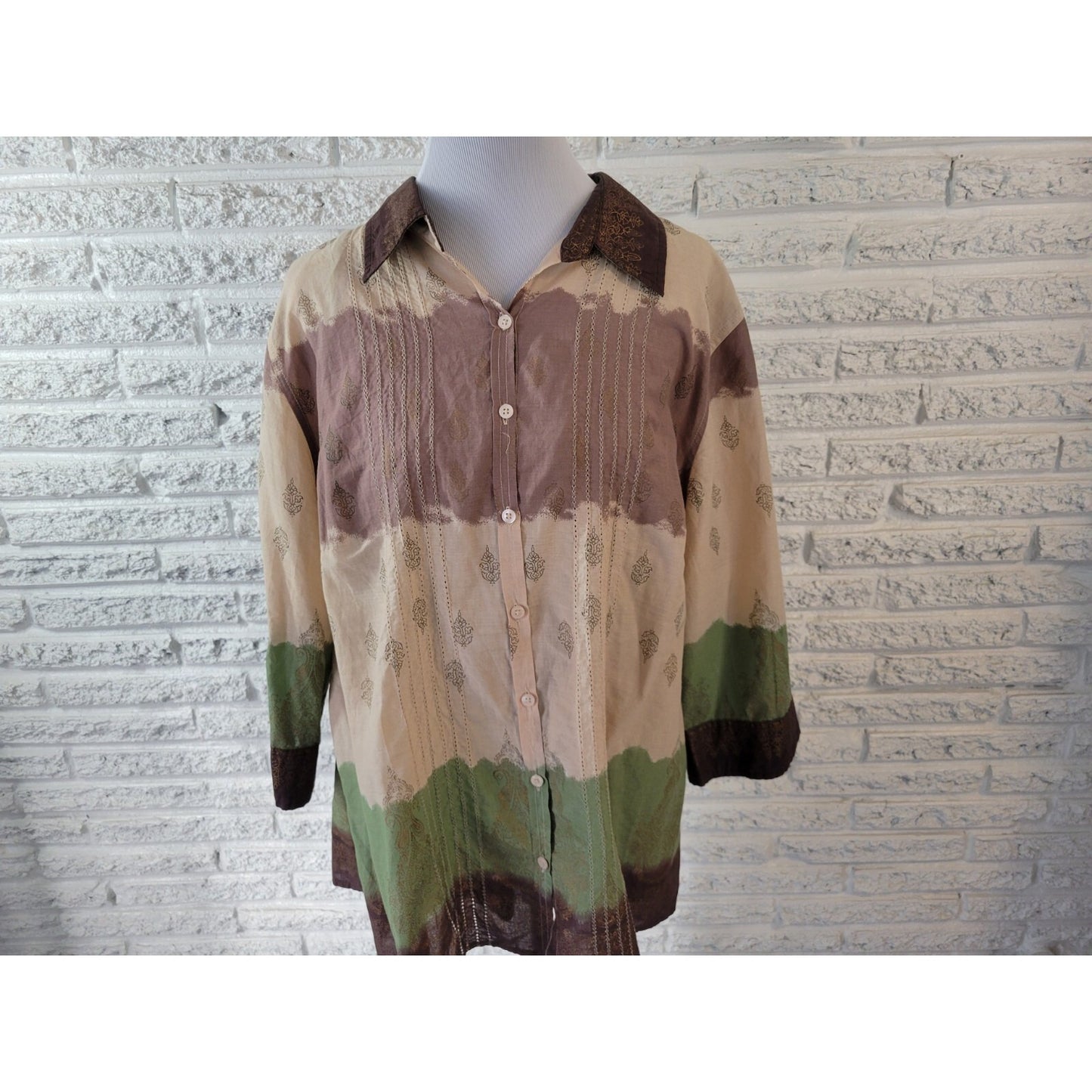 Quizz Bazaar Womens Top 22W 3/4 Sleeve Watercolor with Green Camisole Casual