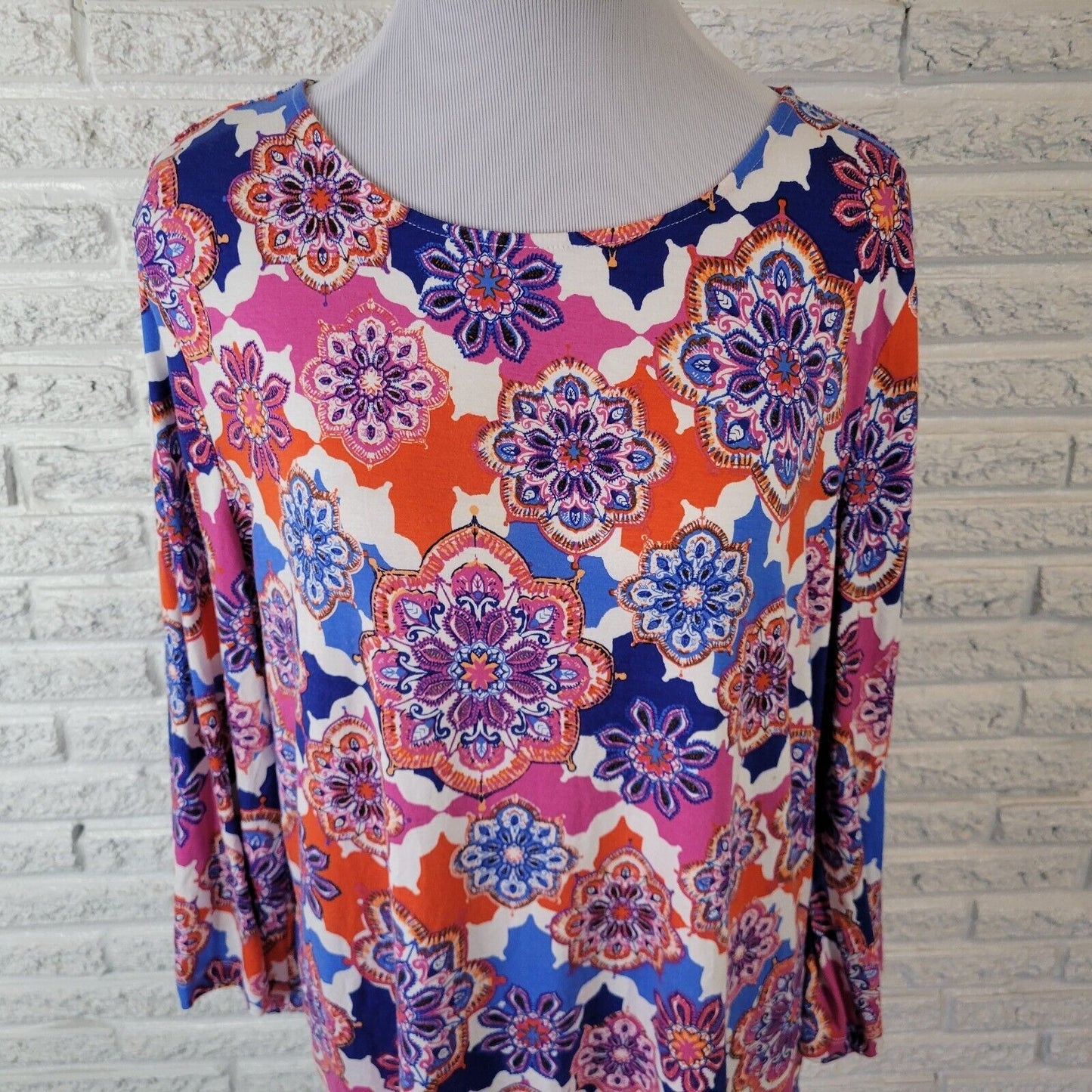 Ruby Rd Women Top PXL Petite 3/4 Sleeve Blue Red Floral Lightweight Comfy Casual