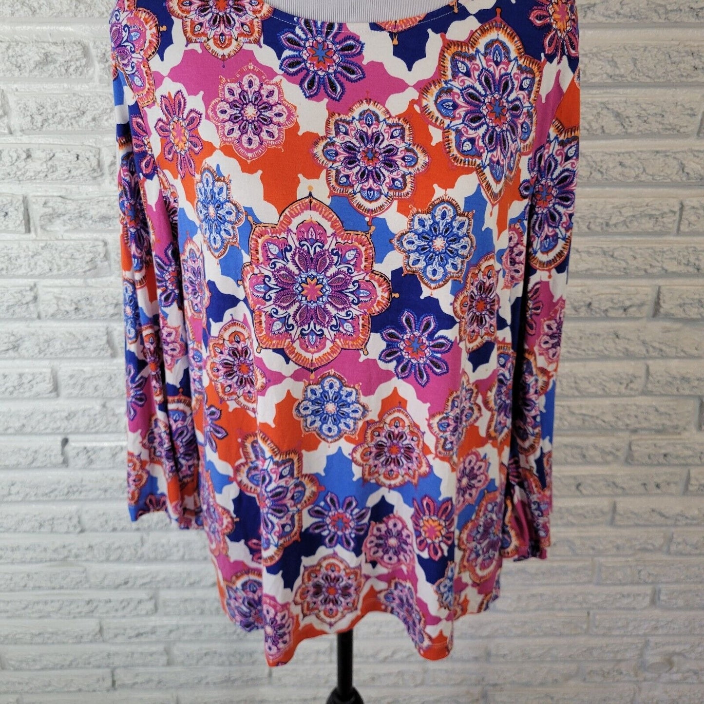 Ruby Rd Women Top PXL Petite 3/4 Sleeve Blue Red Floral Lightweight Comfy Casual