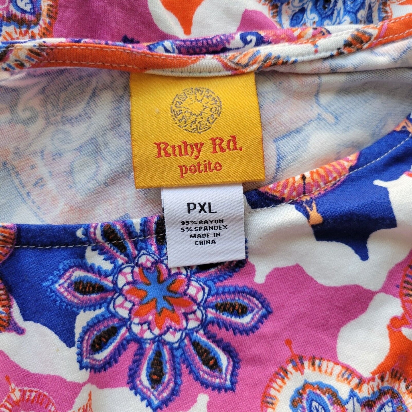 Ruby Rd Women Top PXL Petite 3/4 Sleeve Blue Red Floral Lightweight Comfy Casual