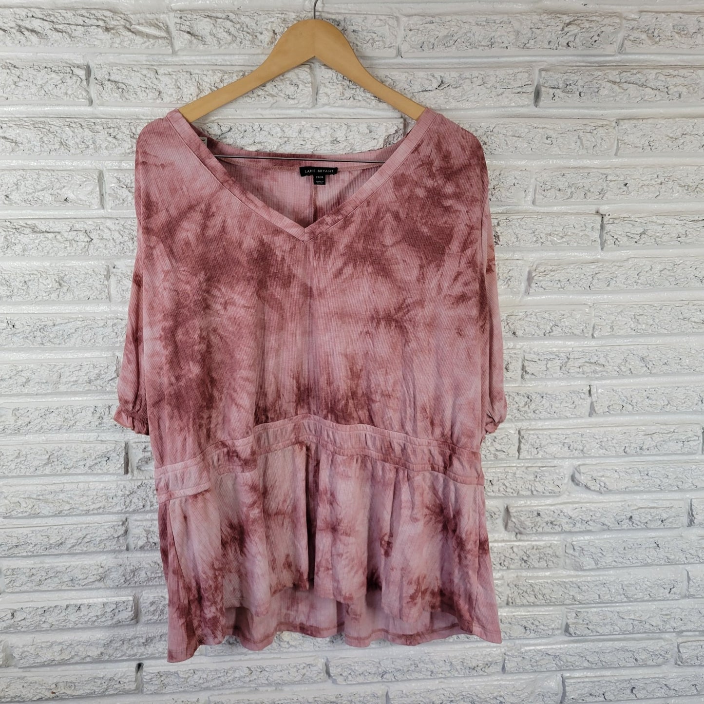 Lane Bryant 22 24 Plus Pink Mauve Tie Dye Puff Short Sleeve V-Neck Blouse