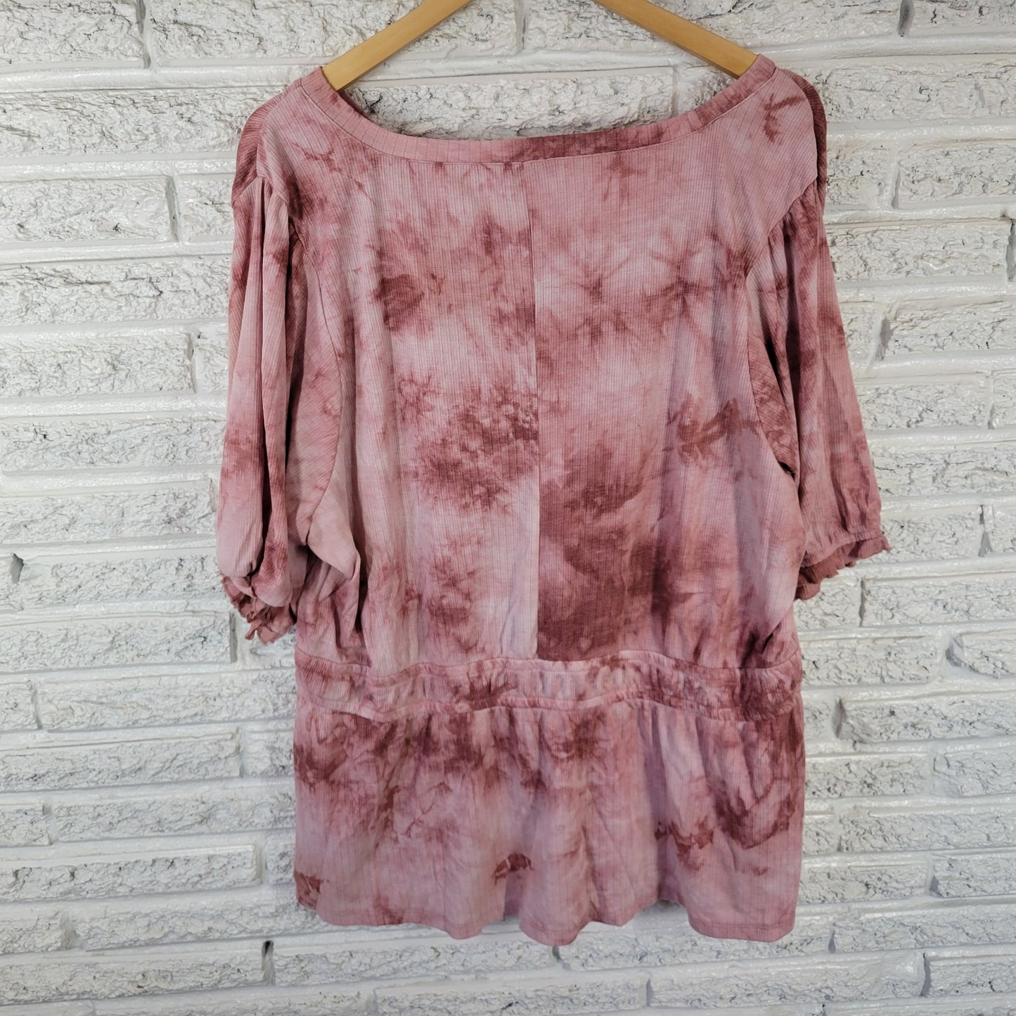 Lane Bryant 22 24 Plus Pink Mauve Tie Dye Puff Short Sleeve V-Neck Blouse