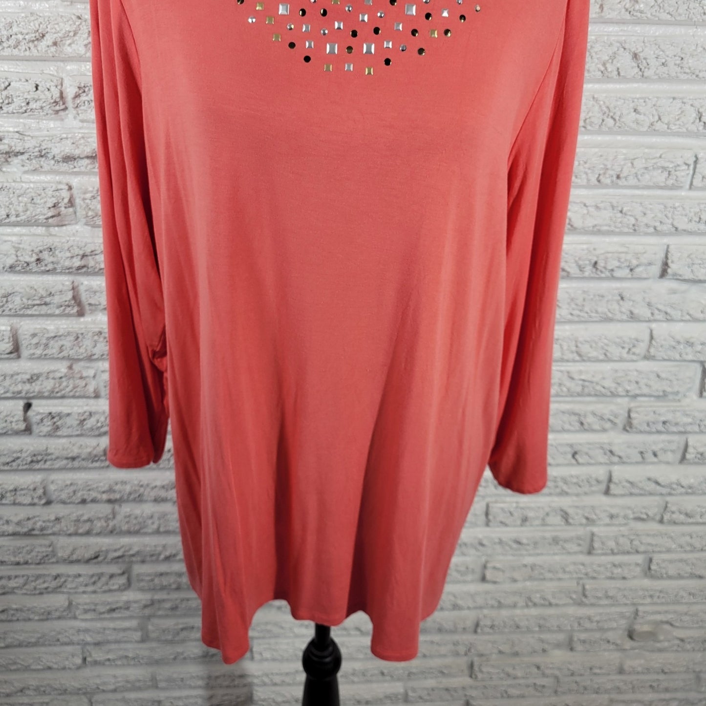 Investments II Womens Top 2X Plus 3/4 Sleeve Pink Studded Comfy Casual Modal