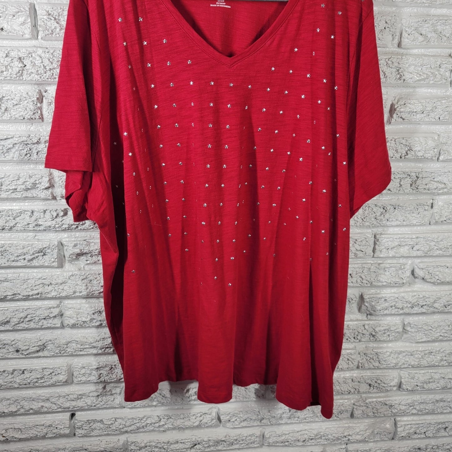 Catherines Women Top 3XWP Plus Tee Short Sleeve Red Cotton Studded Stars Comfy