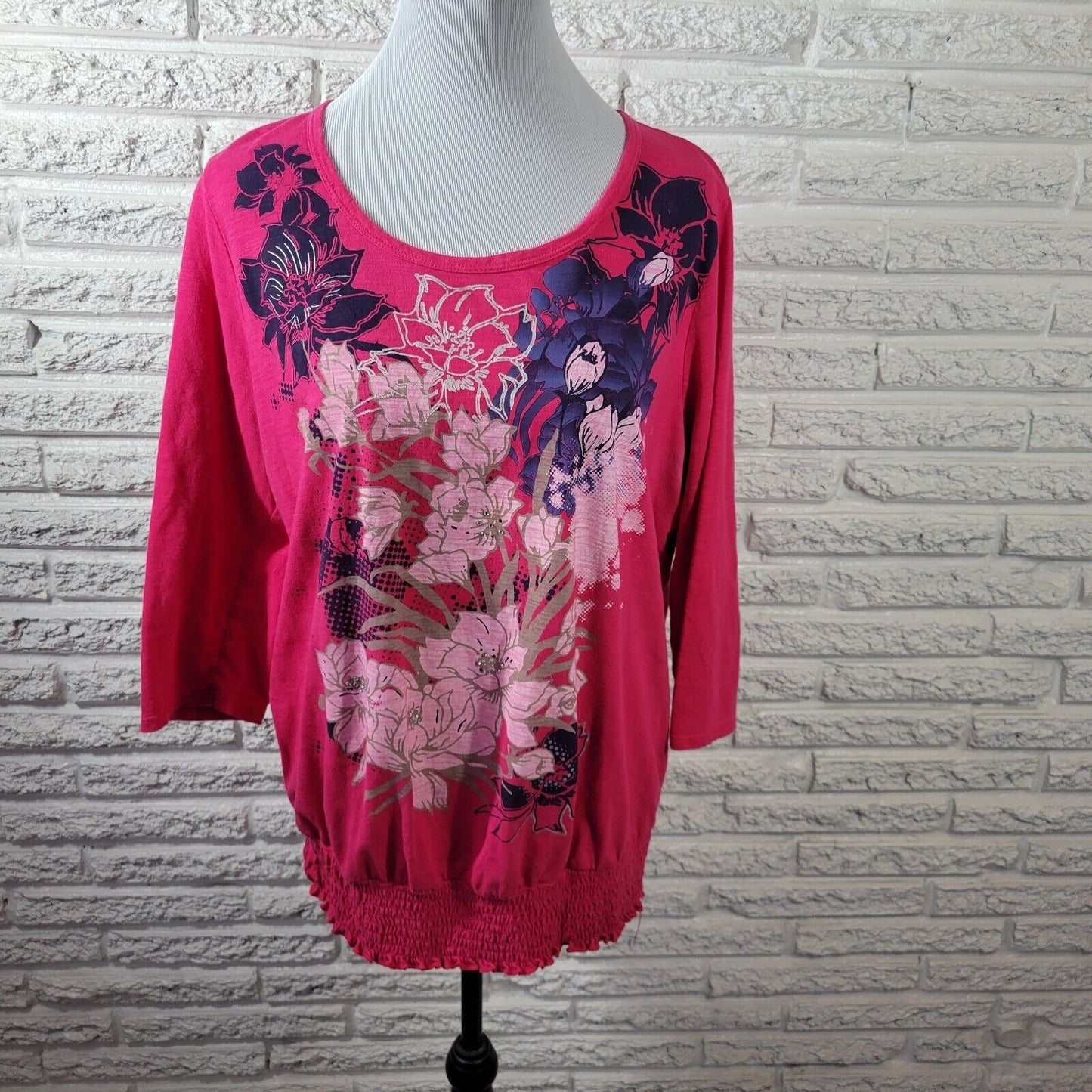 White Stag Womens Top XXL 20 Tee 3/4 Sleeve Smock Waist Pink Floral Rhinestones