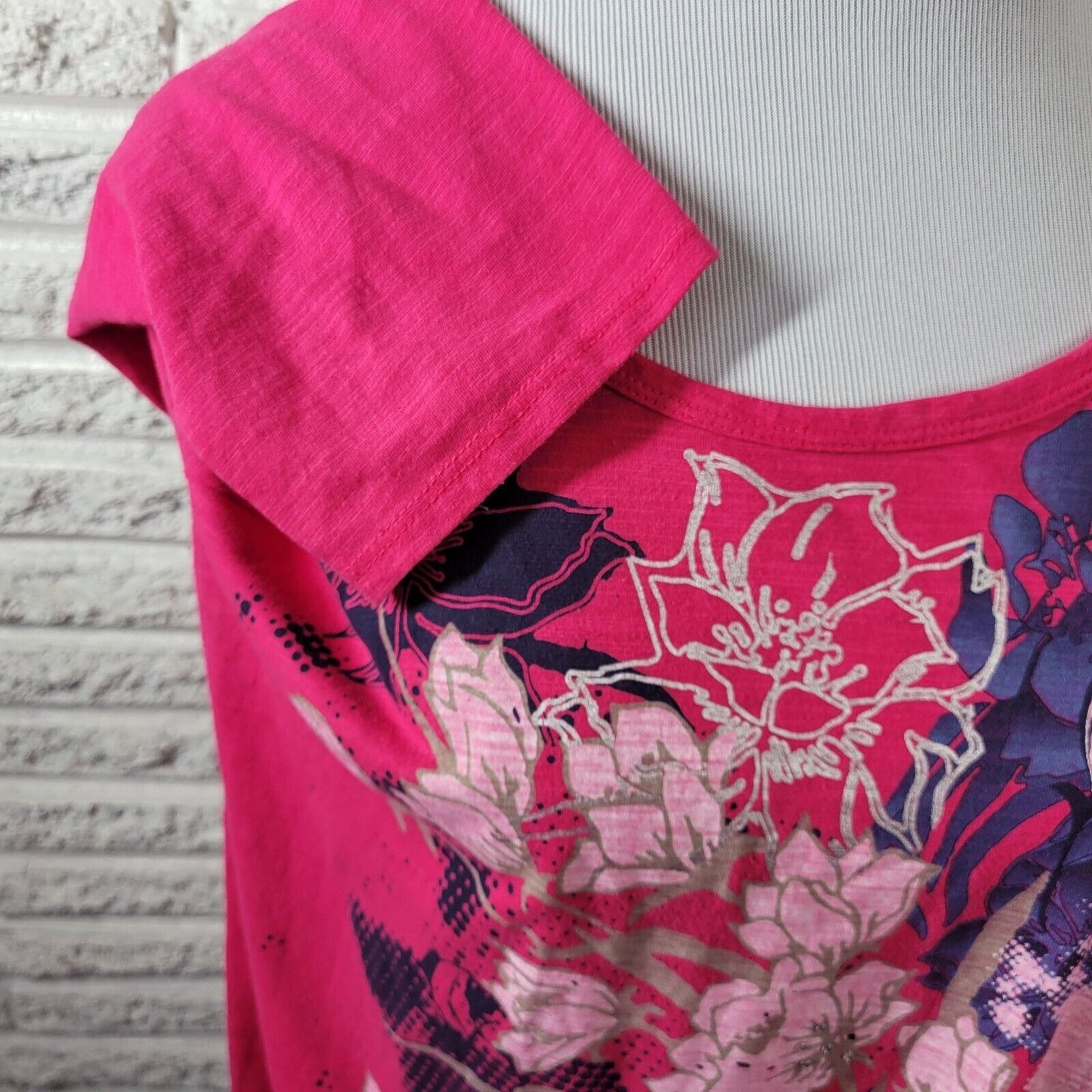 White Stag Womens Top XXL 20 Tee 3/4 Sleeve Smock Waist Pink Floral Rhinestones