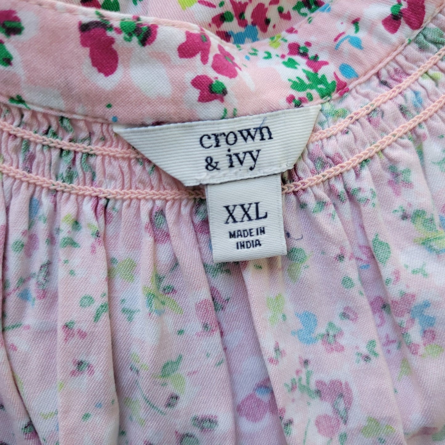 Crown Ivy Womens Top XXL Plus 3/4 Sleeve Pink Green Floral Casual Lightweight