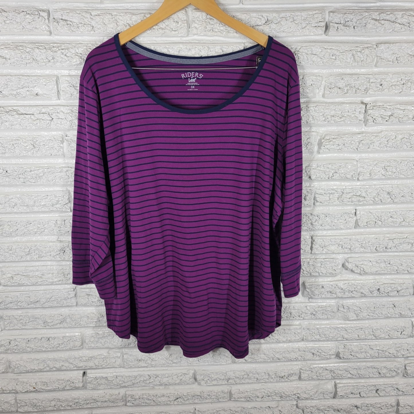 Riders by Lee Womens Top 3X Plus Tee 3/4 Sleeve Purple Stripe Poly Blend Comfy