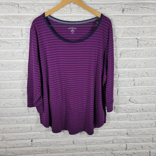 Riders by Lee Womens Top 3X Plus Tee 3/4 Sleeve Purple Stripe Poly Blend Comfy