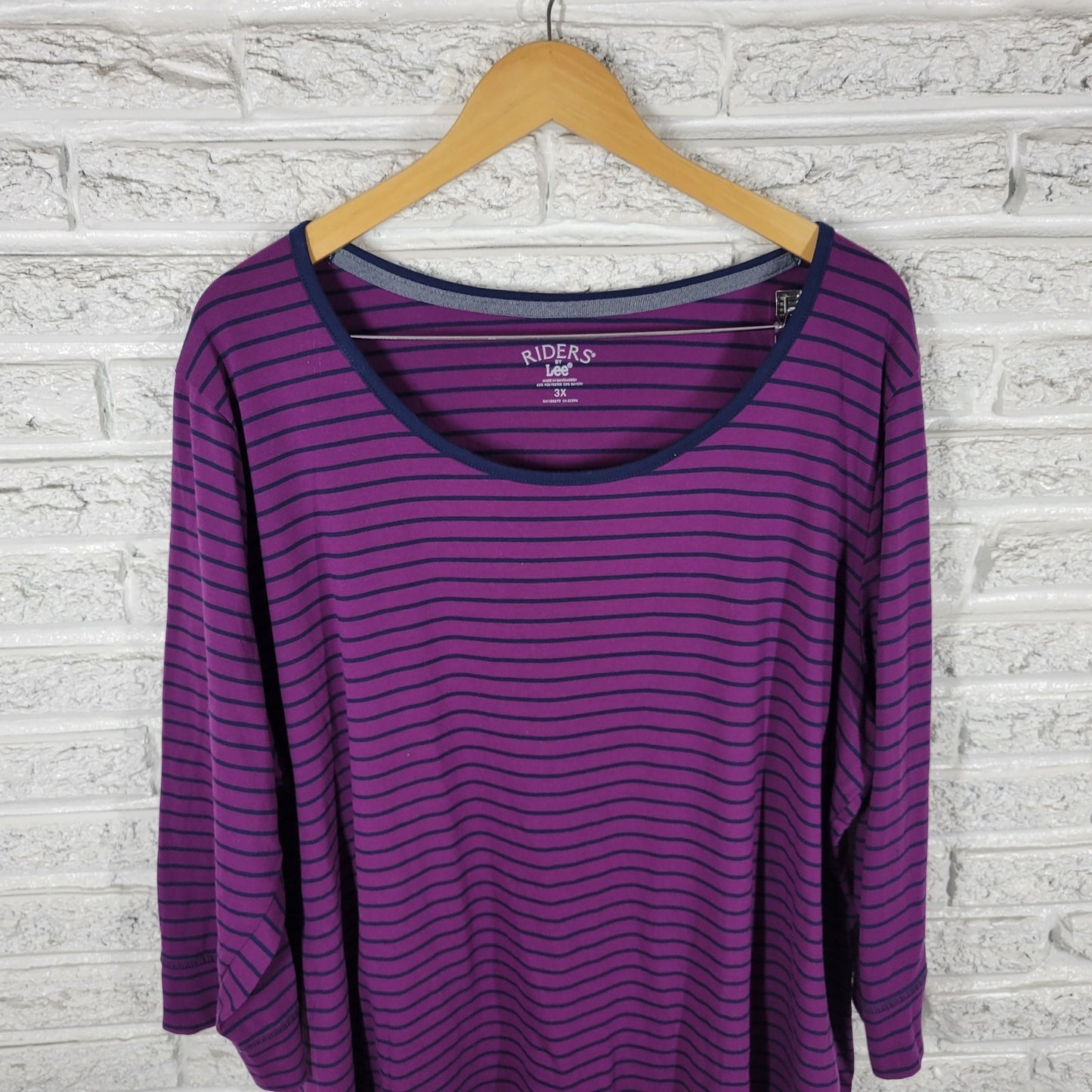 Riders by Lee Womens Top 3X Plus Tee 3/4 Sleeve Purple Stripe Poly Blend Comfy