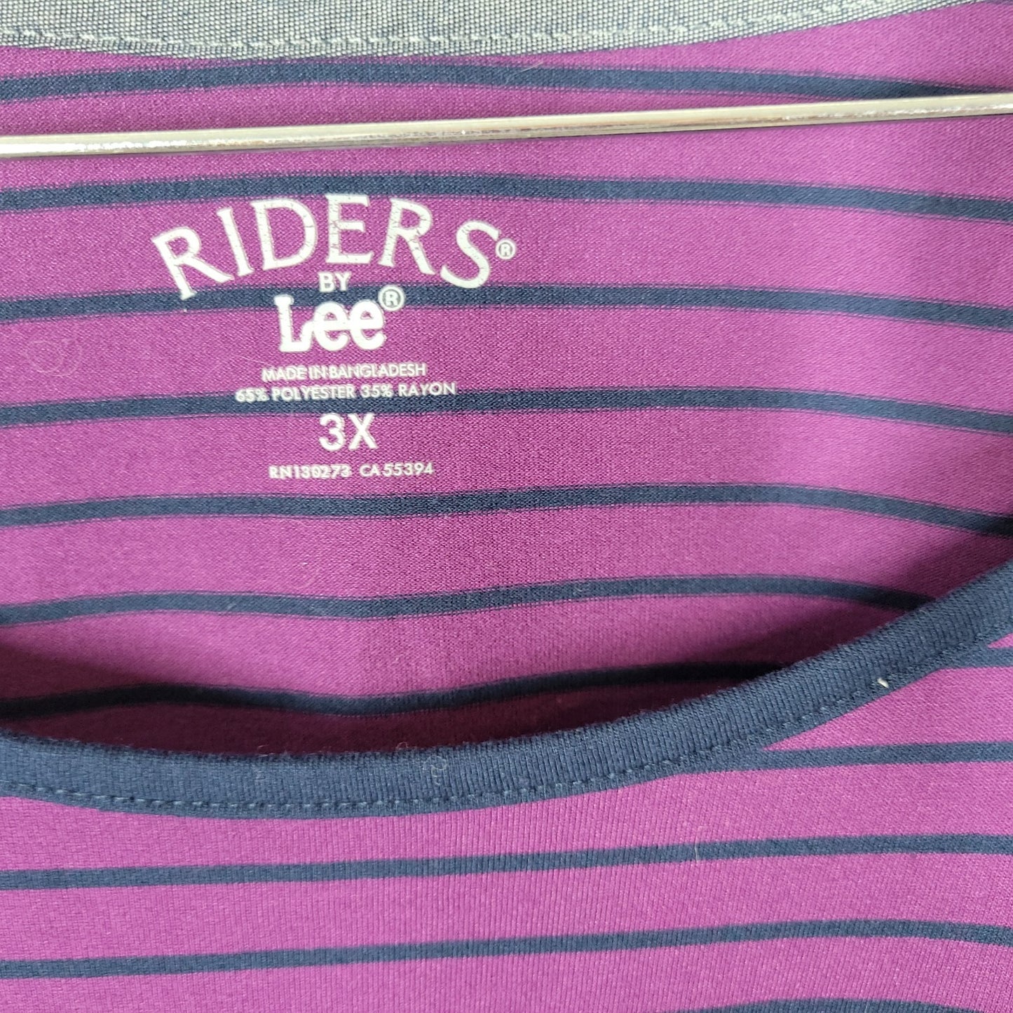 Riders by Lee Womens Top 3X Plus Tee 3/4 Sleeve Purple Stripe Poly Blend Comfy