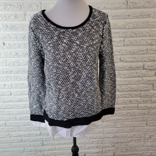 AB Studio Womens Sweater XL Black White Marled Shirt Hem Cotton Blend Comfy